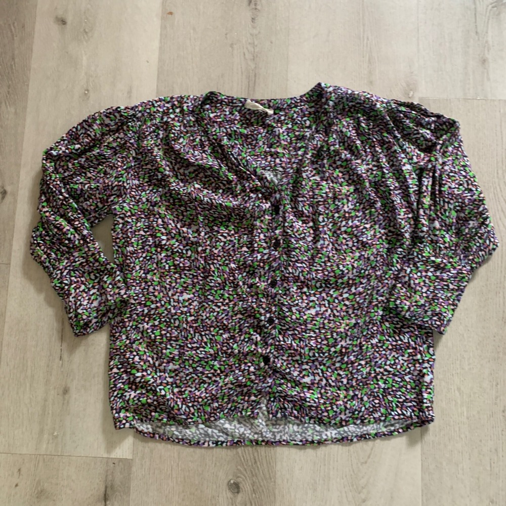 Celina Moon Womens Small Multicolor Abstract Pebble Print Viscose Button Blouse